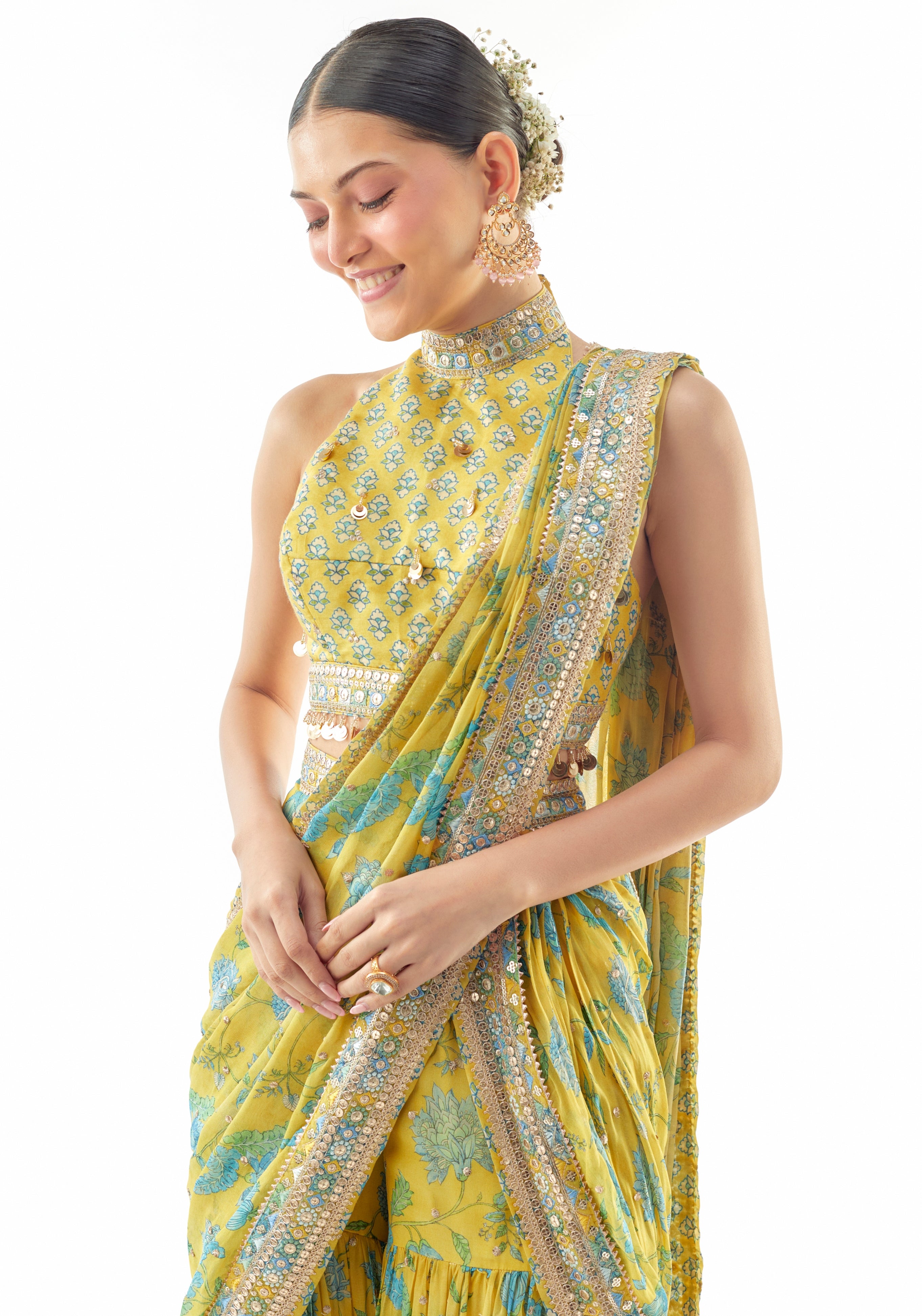 Yellow Pakhi Sharara Sari Set