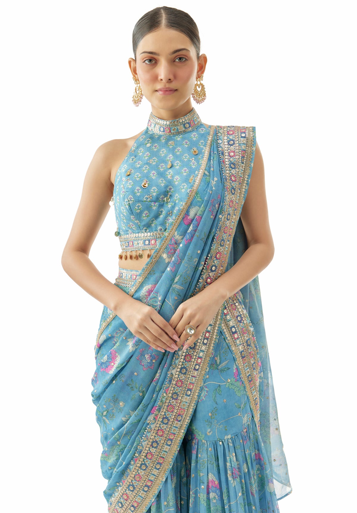 Blue Pakhi Sharara Sari Set