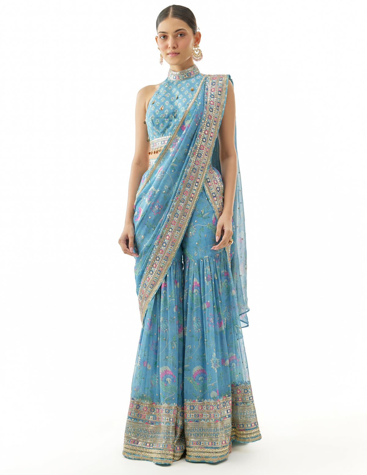 Blue Pakhi Sharara Sari Set