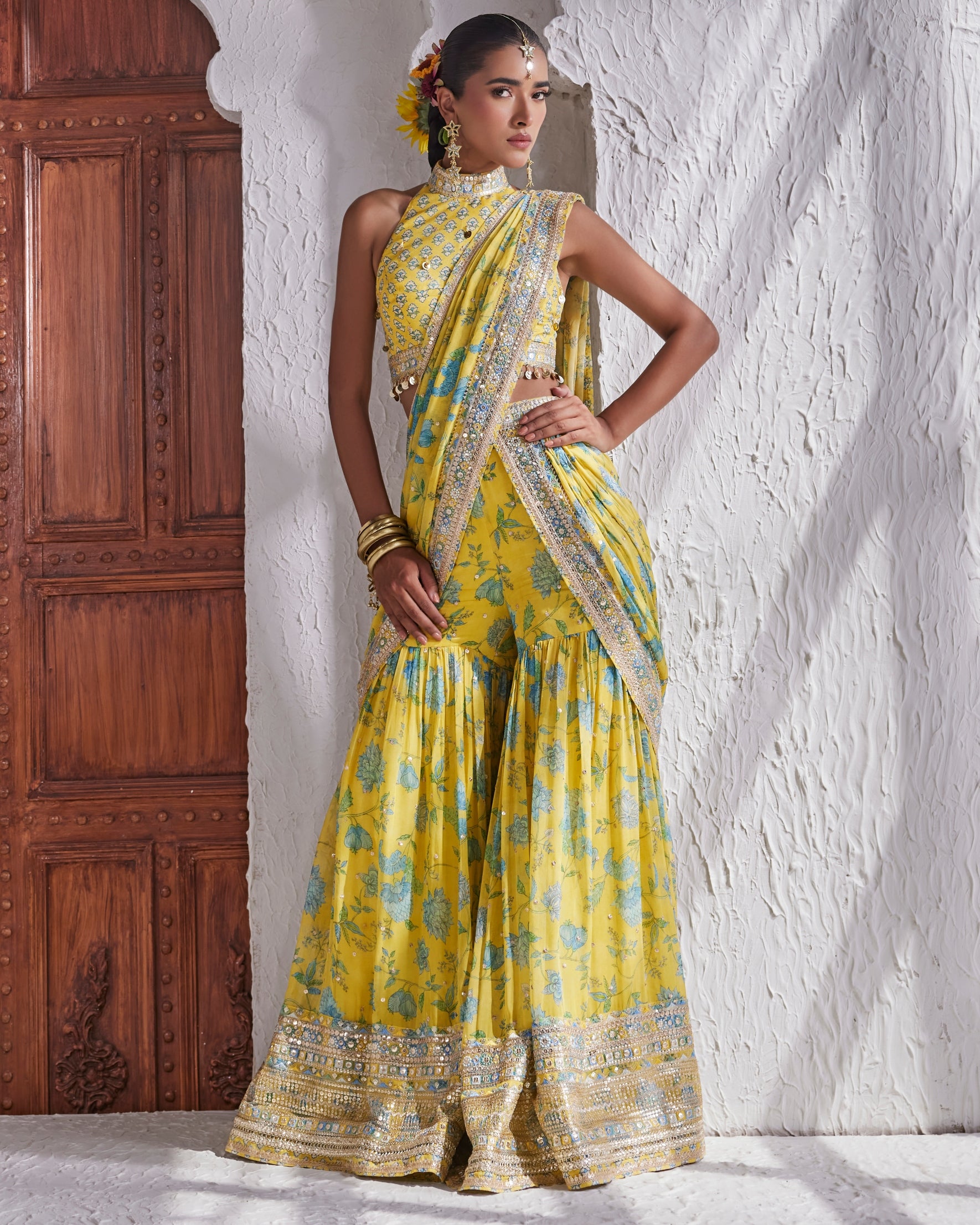 Yellow Pakhi Sharara Sari Set