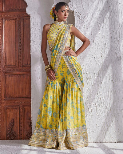 Yellow Pakhi Sharara Sari Set