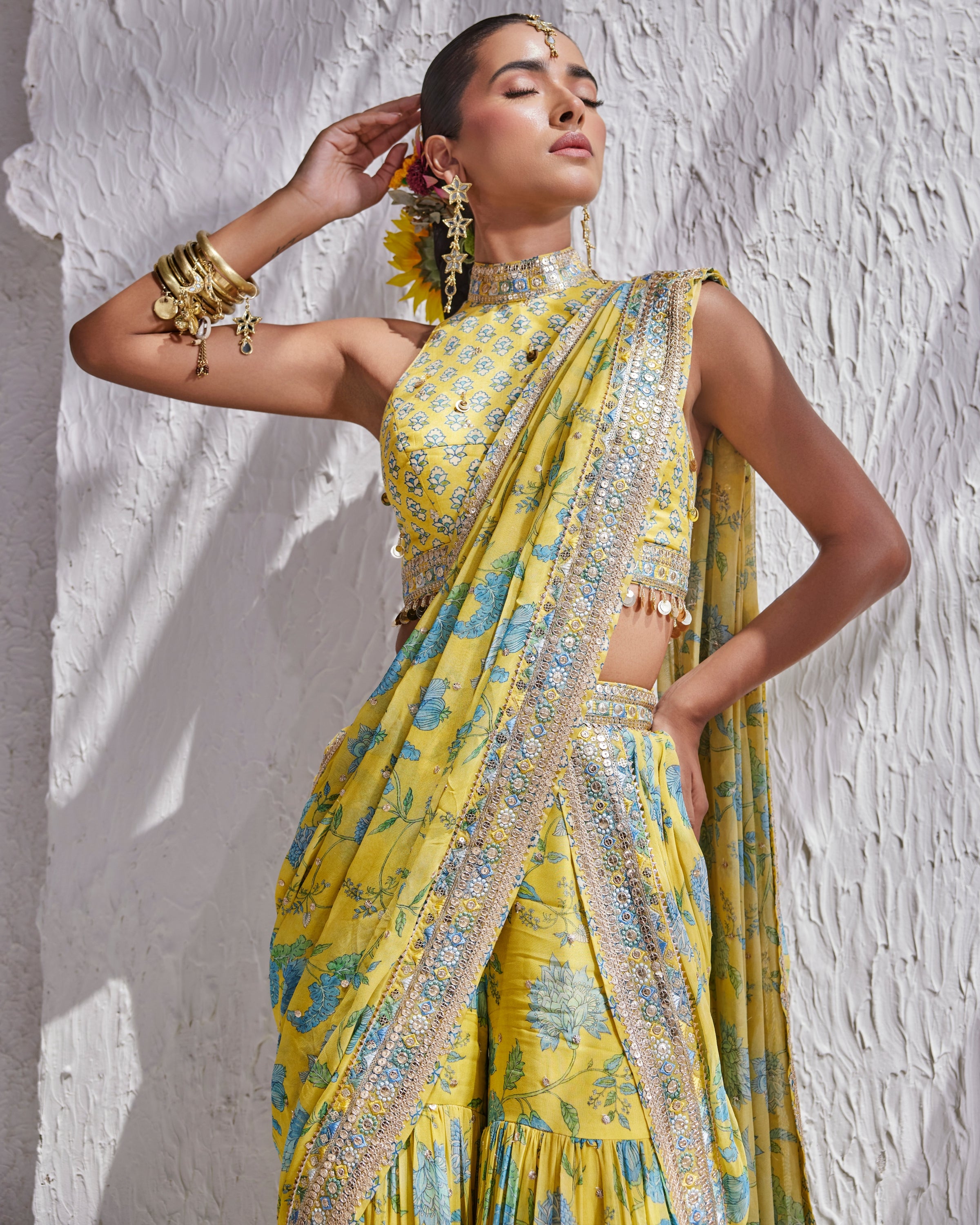 Yellow Pakhi Sharara Sari Set