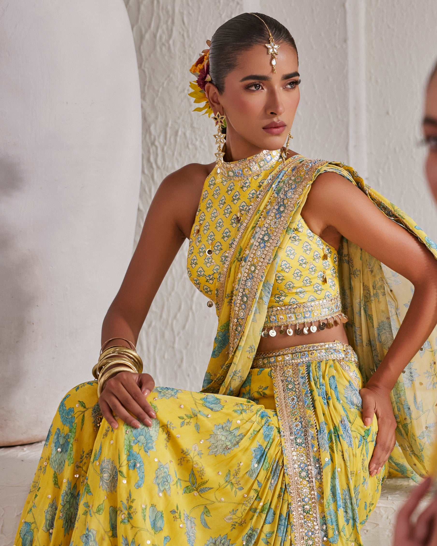 Yellow Pakhi Sharara Sari Set