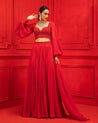 Red Georgette Lehenga with Embroidered Blouse and Belt by Mahima Mahajan at KYNAH