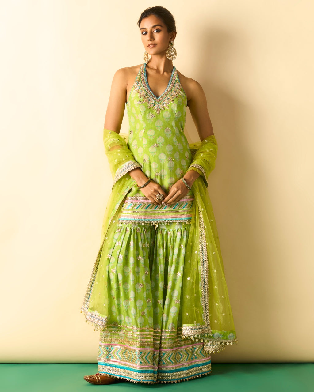 Green Dwisha Halter Sharara Set