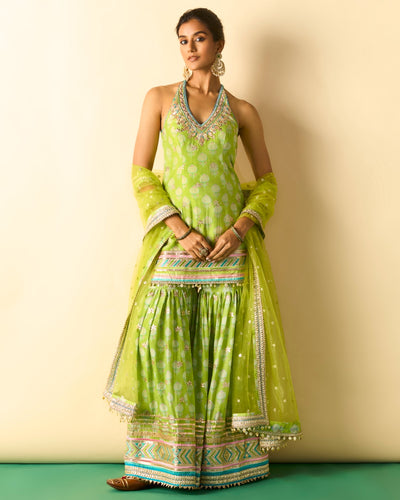 Green Dwisha Halter Sharara Set