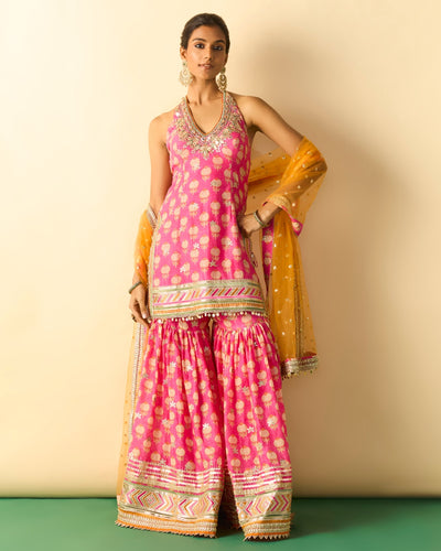 Pink Dwisha Halter Sharara Set