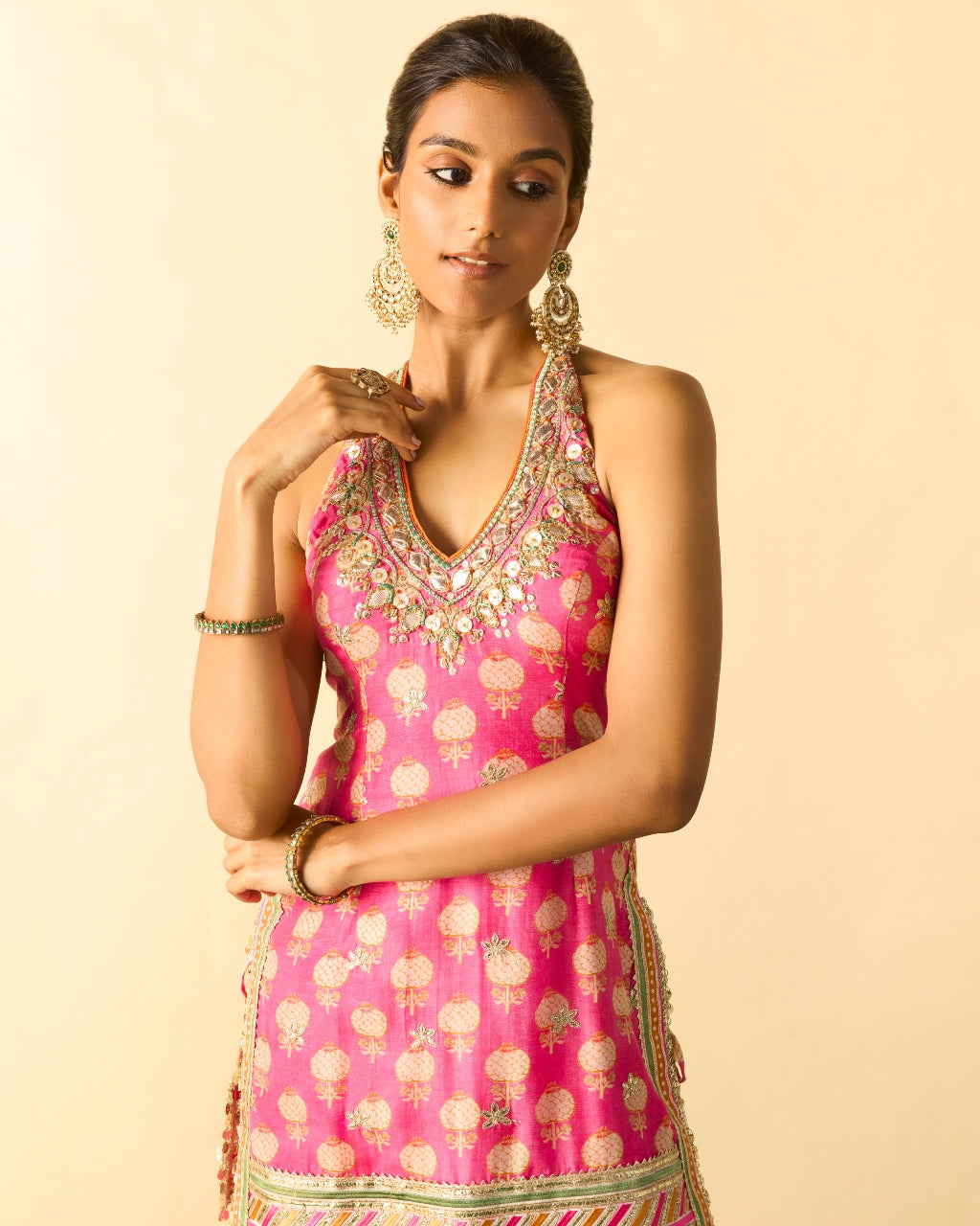 Pink Dwisha Halter Sharara Set