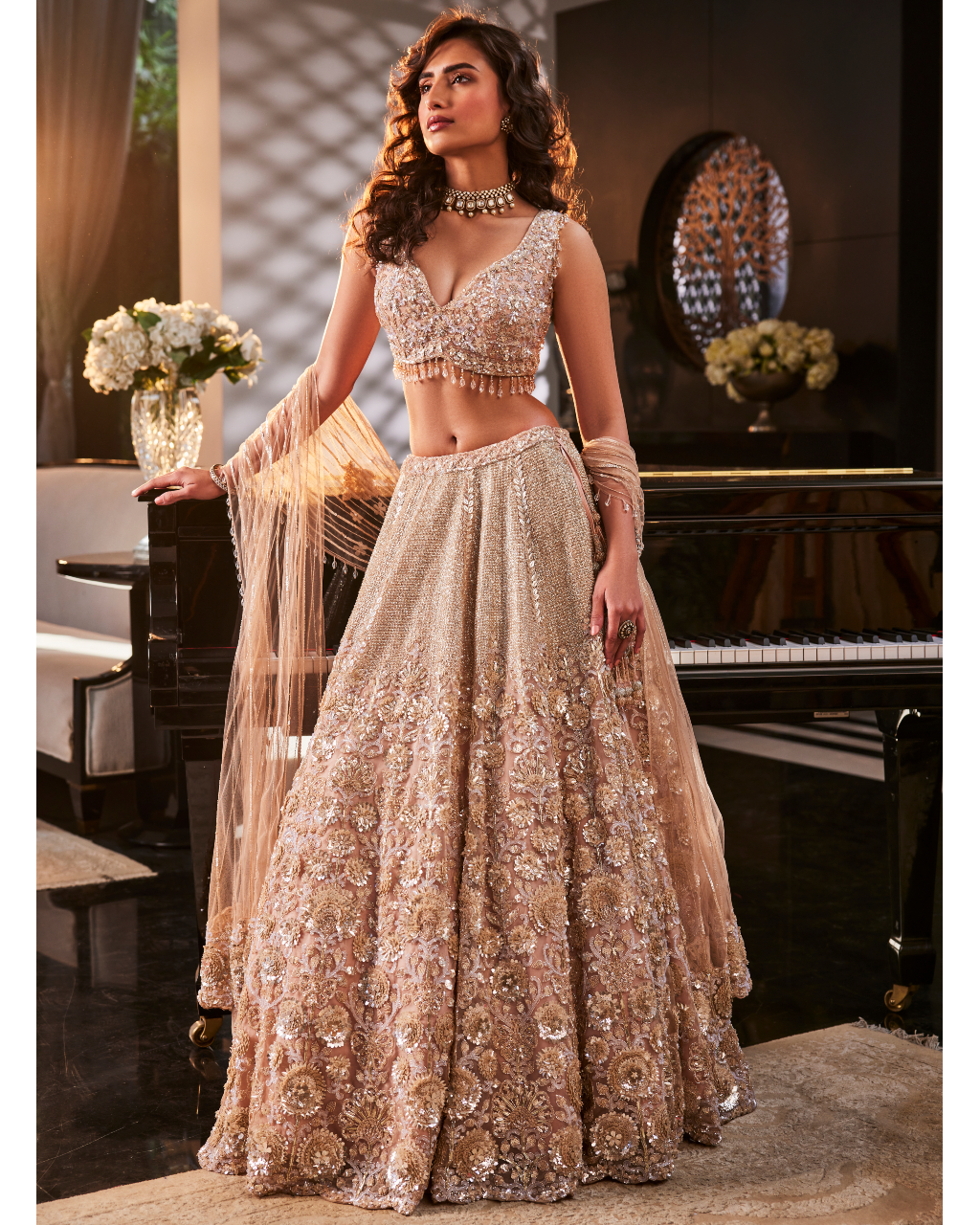 Dusty Peach Embbroidered Organza Lehenga Set