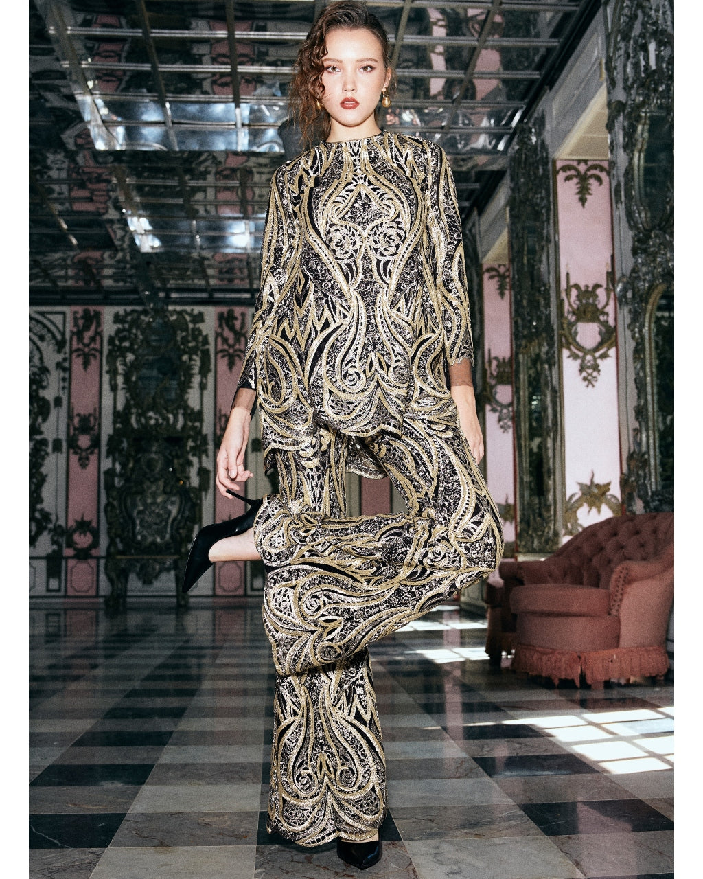 Gold Embroidered Flared Pant Set