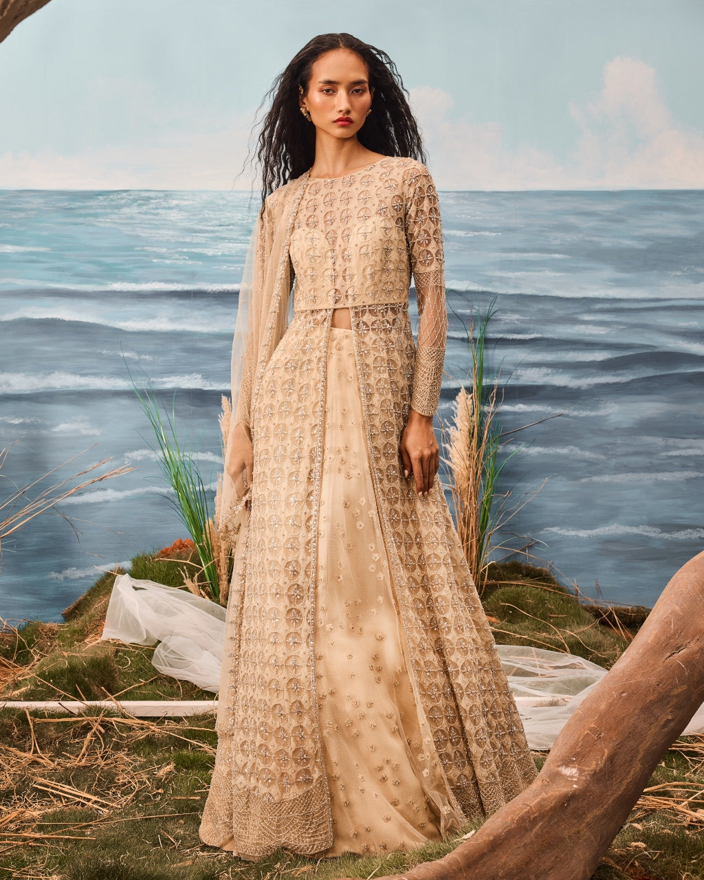 Champagne Geometrically Embroidered Jacket And Lehenga Set