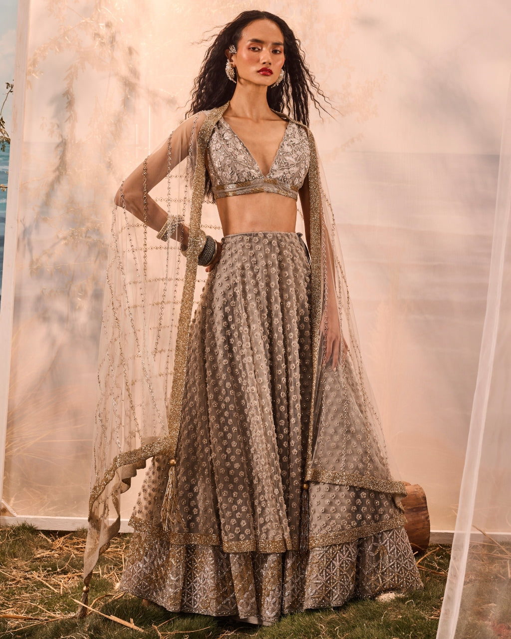 Gray 3D Flower Lehenga Set