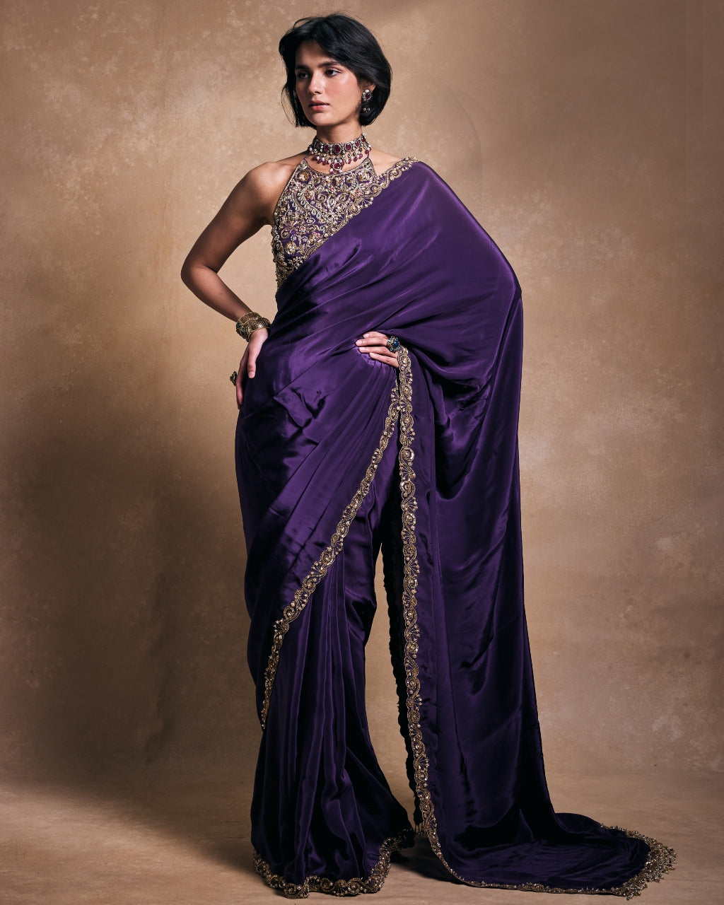 Deep Purple Crepe Sari Set