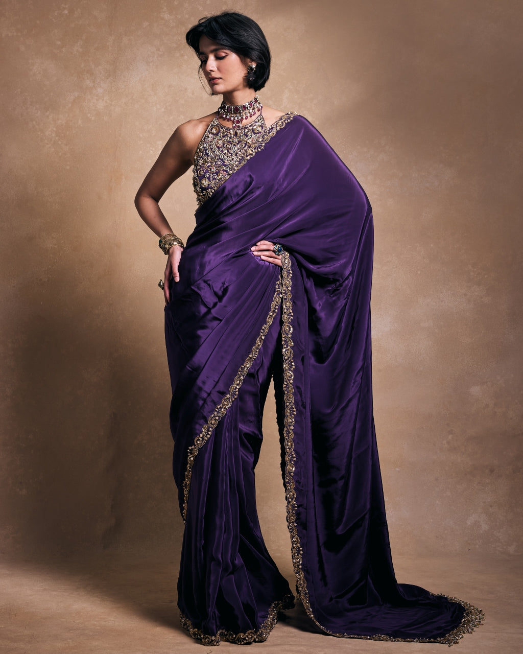 Deep Purple Crepe Sari Set