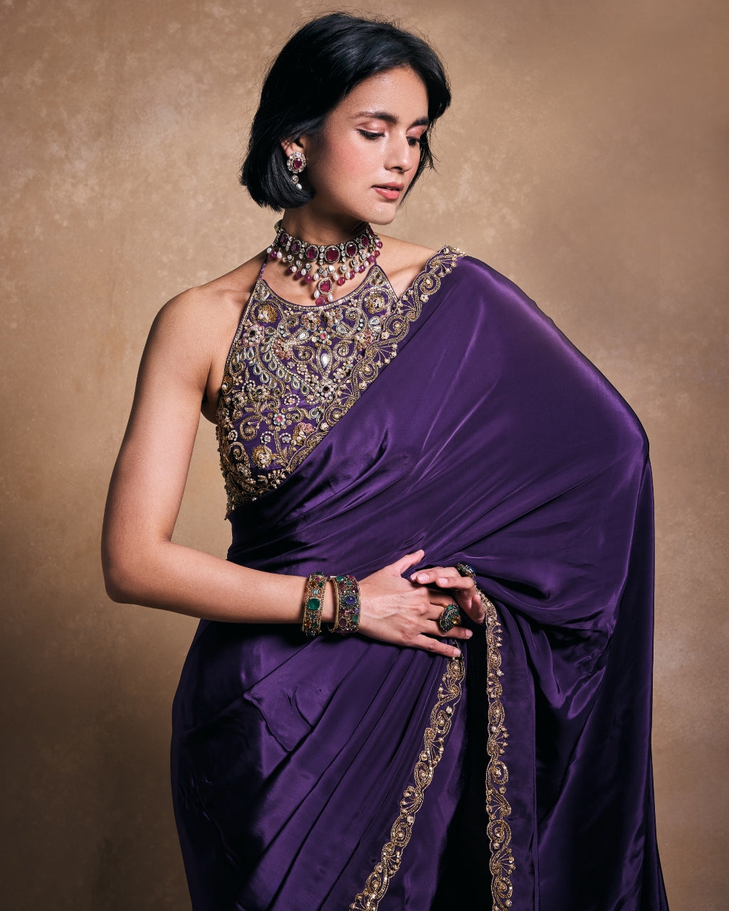 Deep Purple Crepe Sari Set