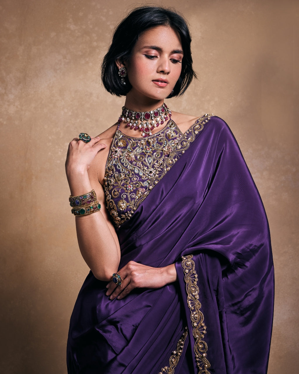 Deep Purple Crepe Sari Set