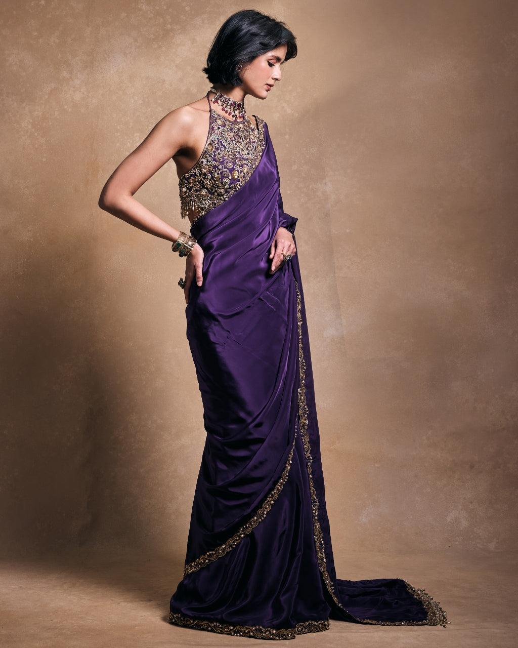 Deep Purple Crepe Sari Set