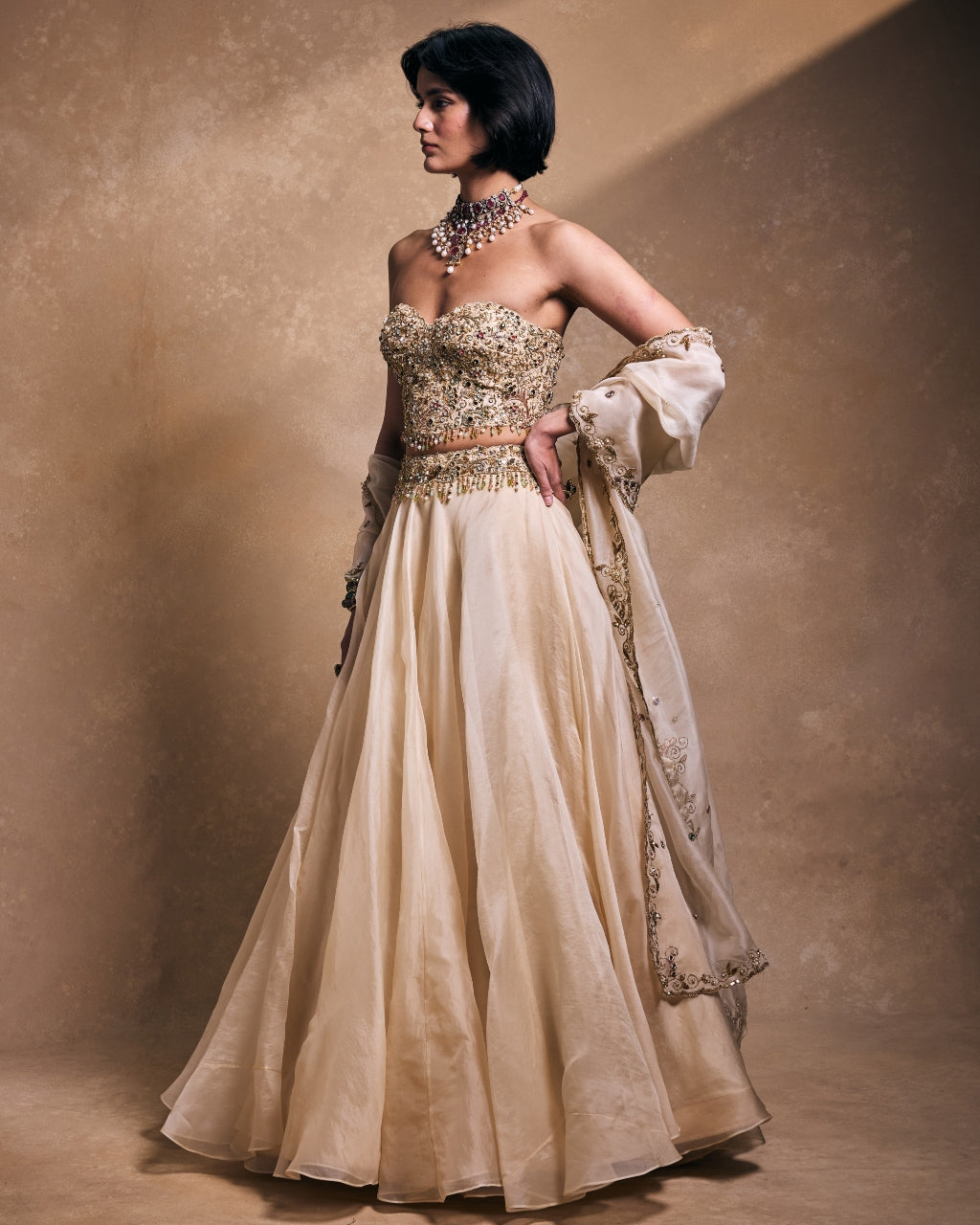 Cream Organza Lehenga Set