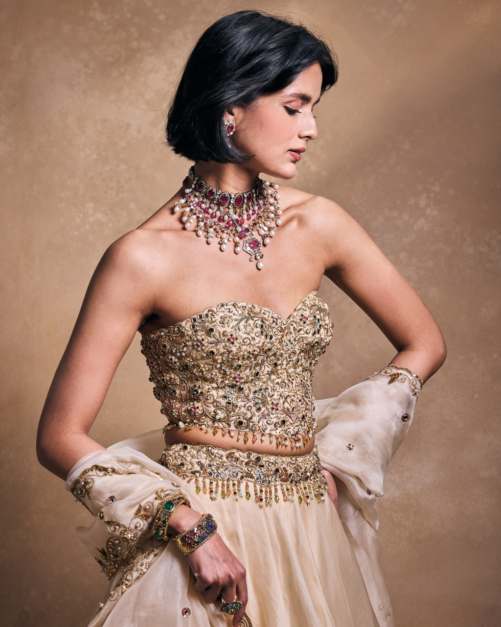 Cream Organza Lehenga Set