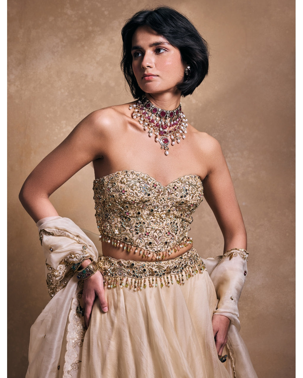 Cream Organza Lehenga Set