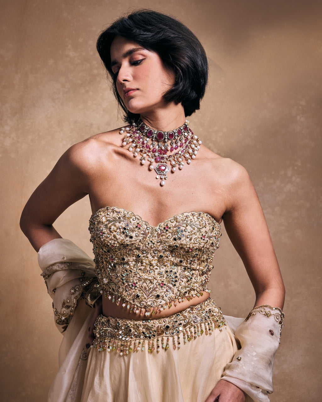 Cream Organza Lehenga Set