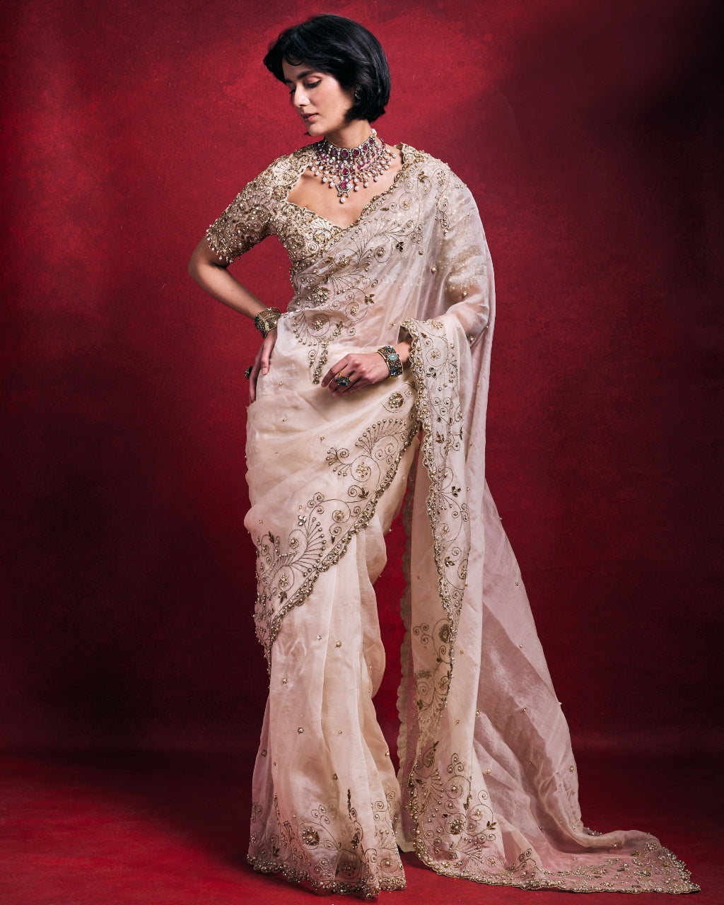 Cream Organza Sari Set