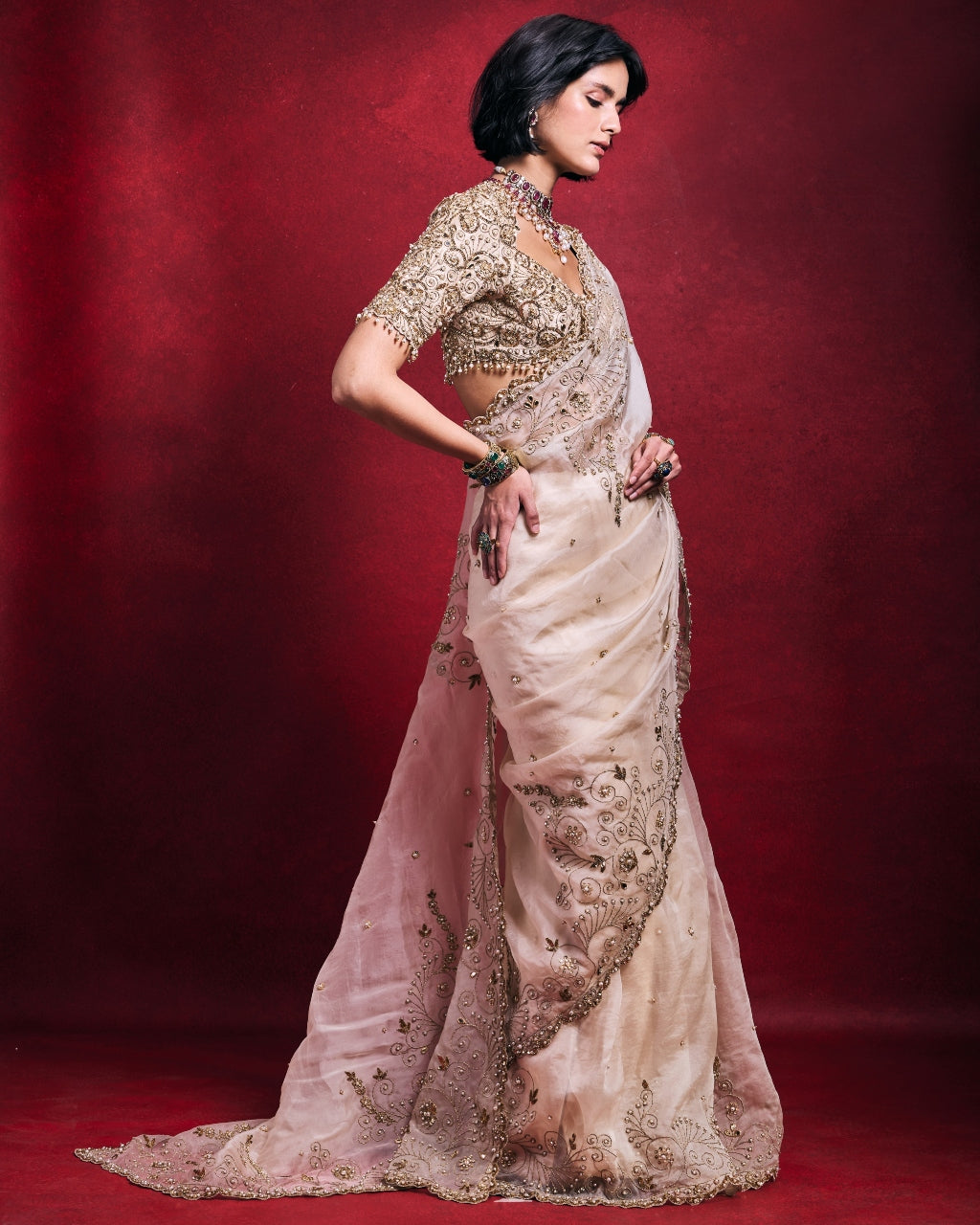 Cream Organza Sari Set