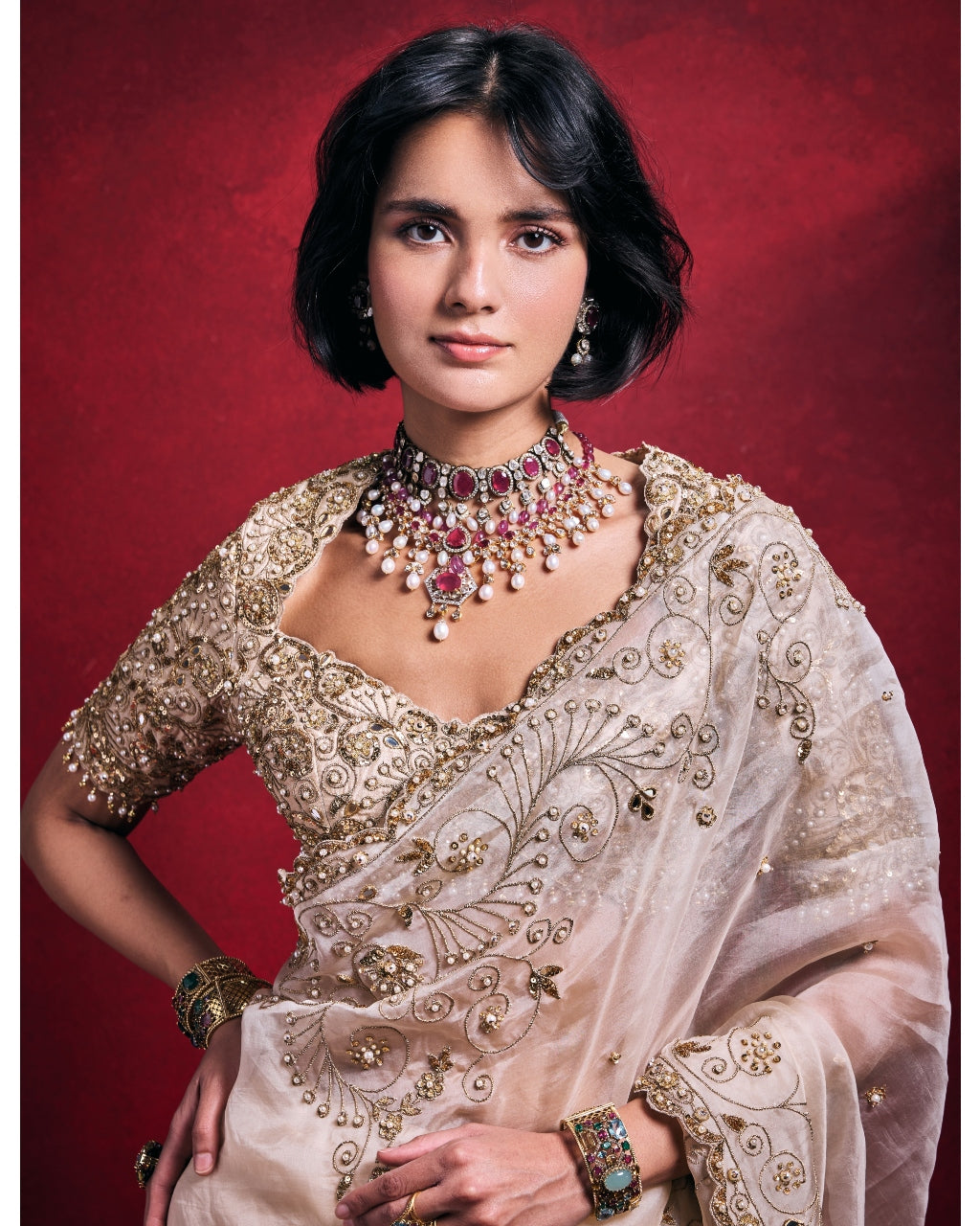 Cream Organza Sari Set
