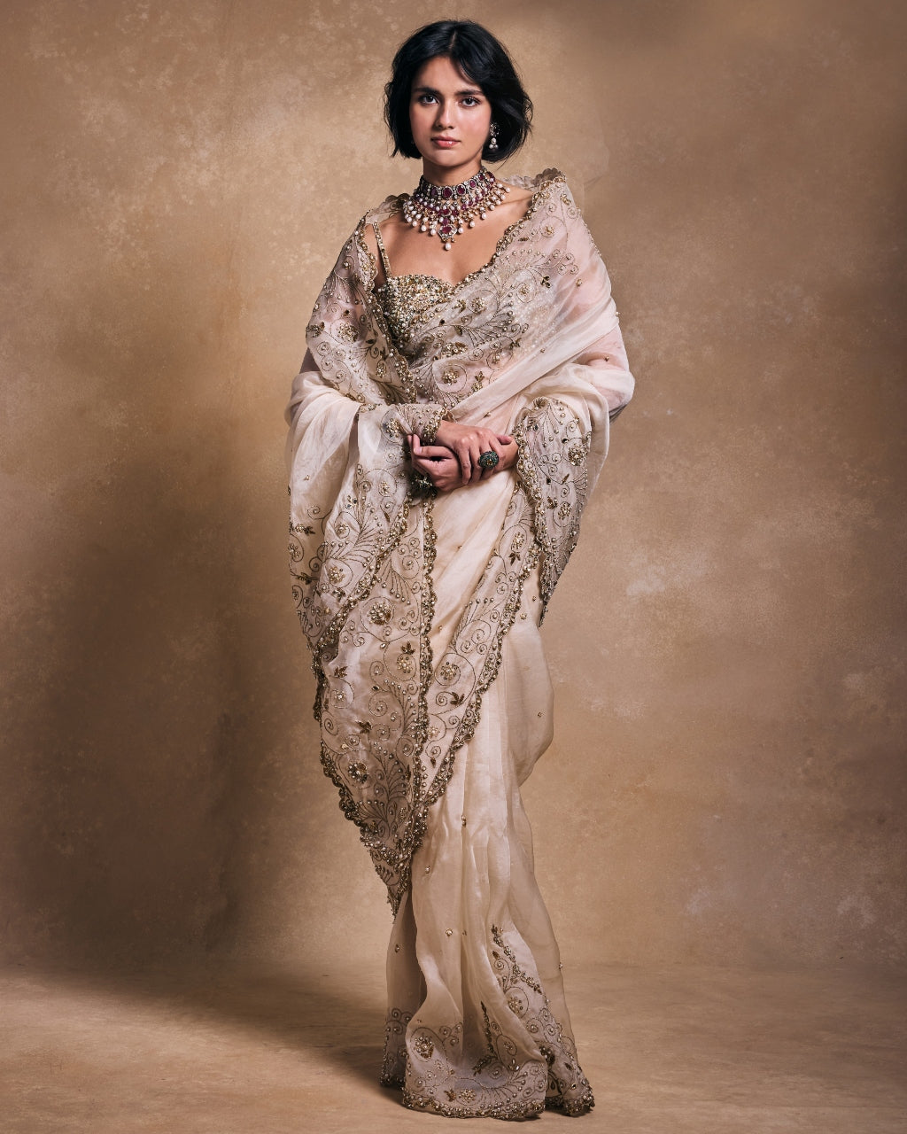 Cream Organza Sari Set
