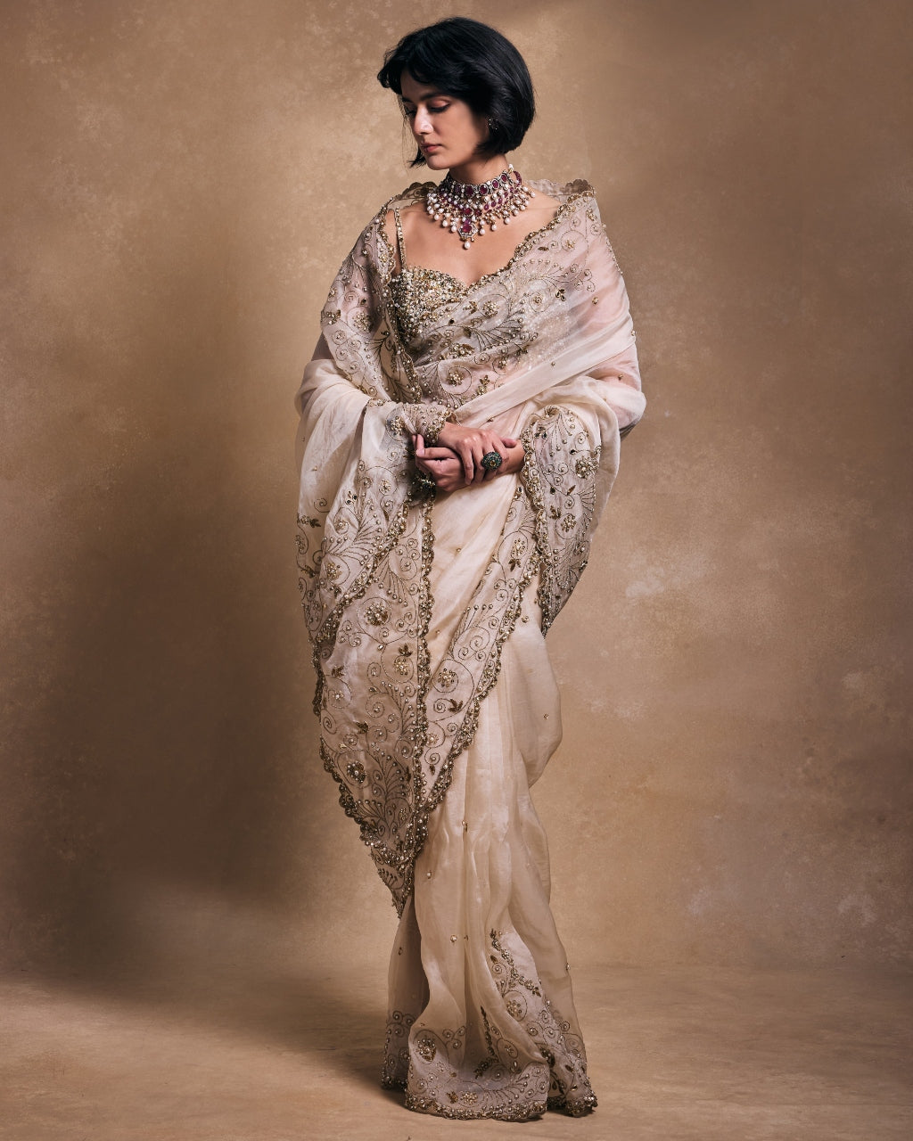 Cream Organza Sari Set