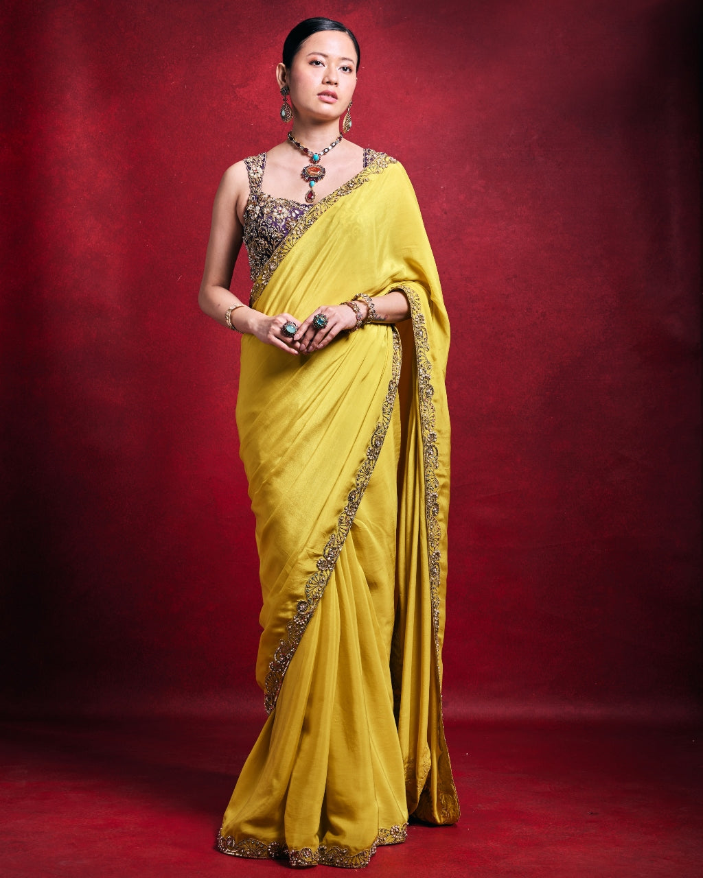 Yellow Crepe Sari Set