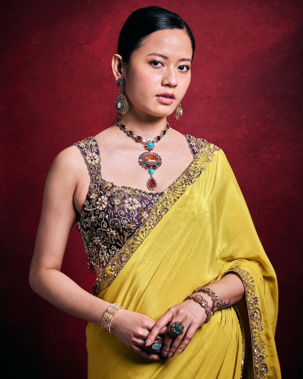 Yellow Crepe Sari Set