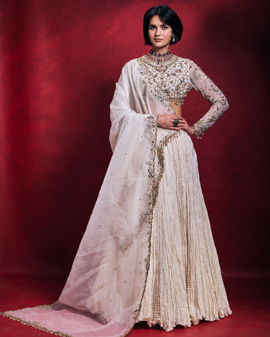 Ivory Crushed Lehenga Set