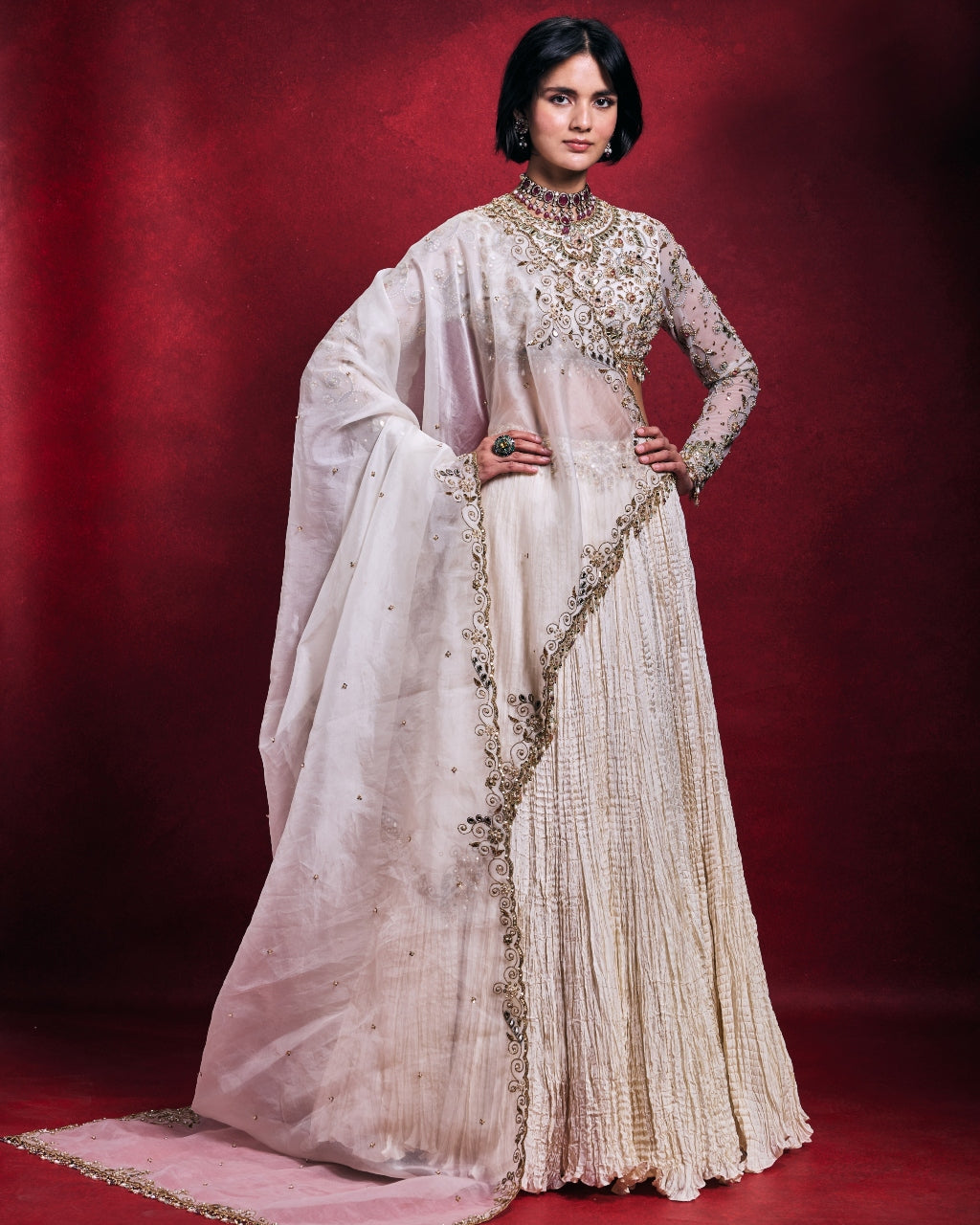 Ivory Crushed Lehenga Set