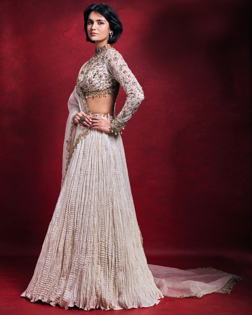Ivory Crushed Lehenga Set