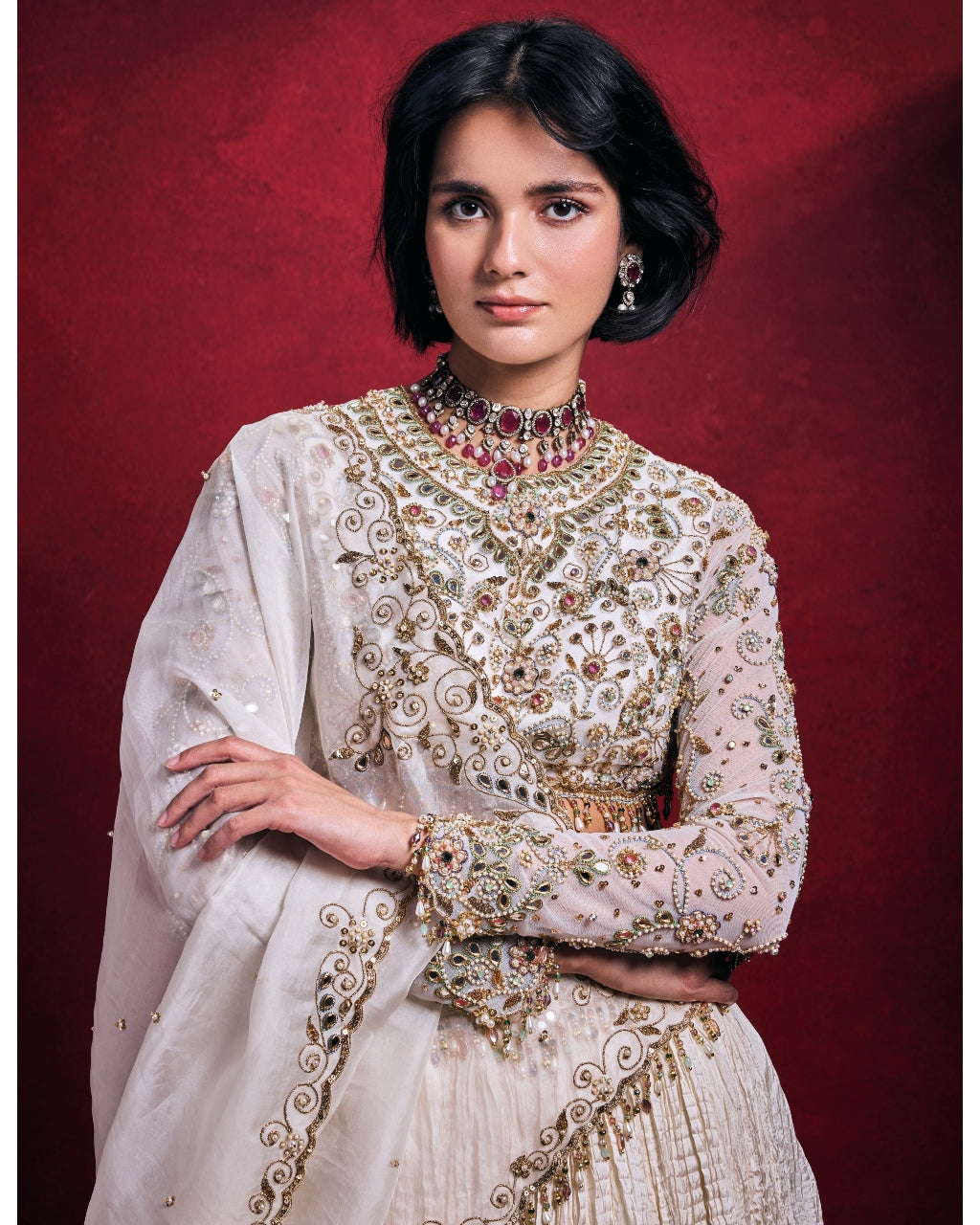 Ivory Crushed Lehenga Set