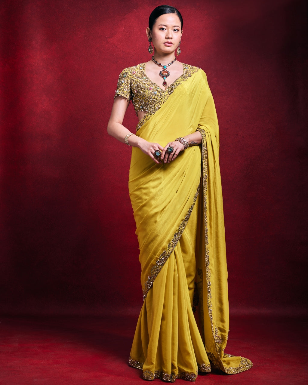 Yellow Crepe Sari Set