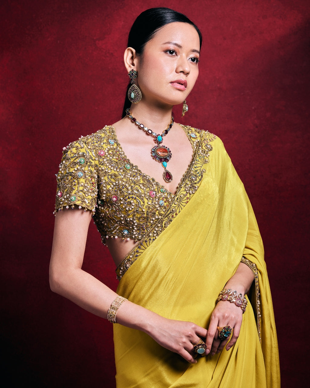 Yellow Crepe Sari Set