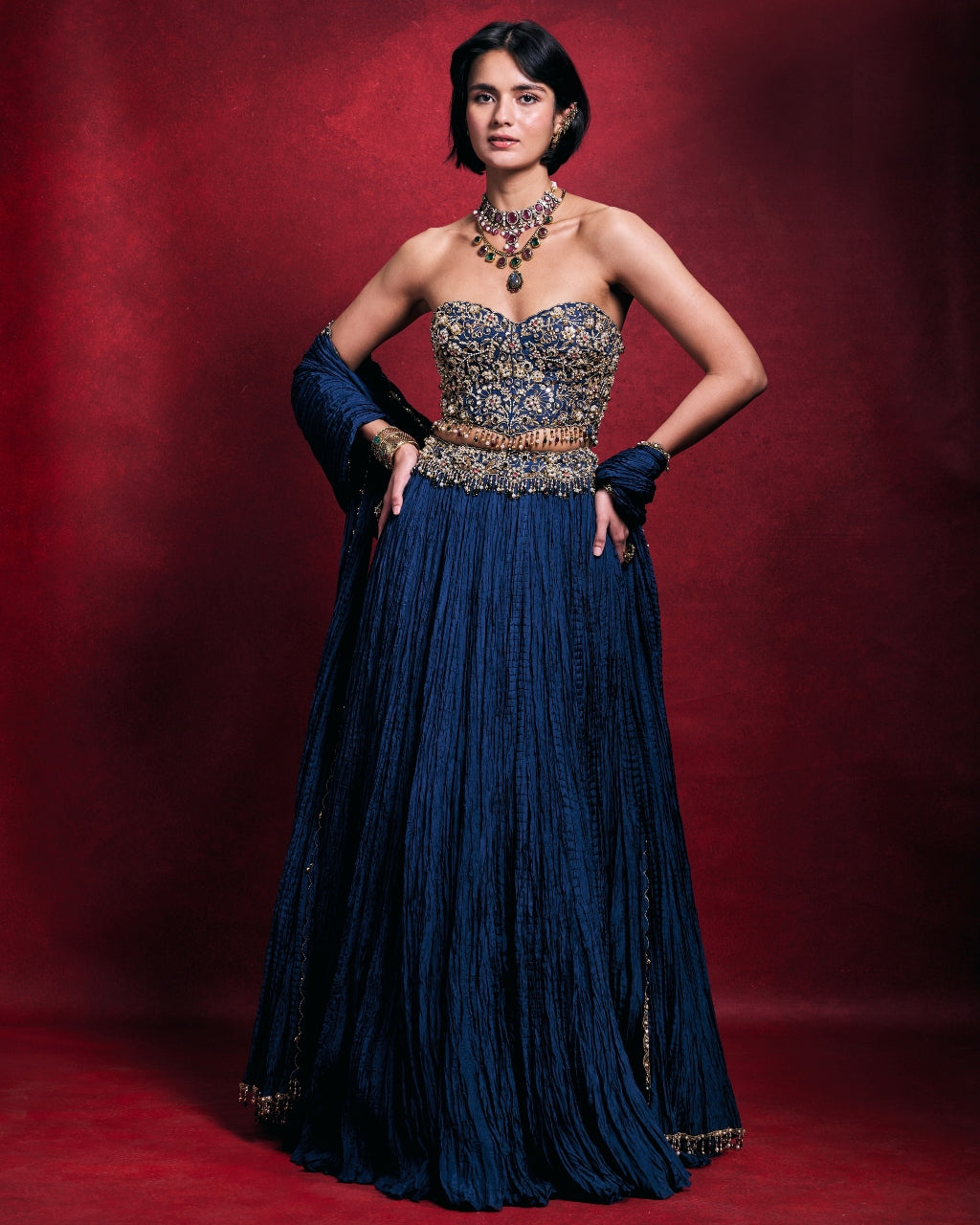 Royal Blue Crushed Lehenga Set