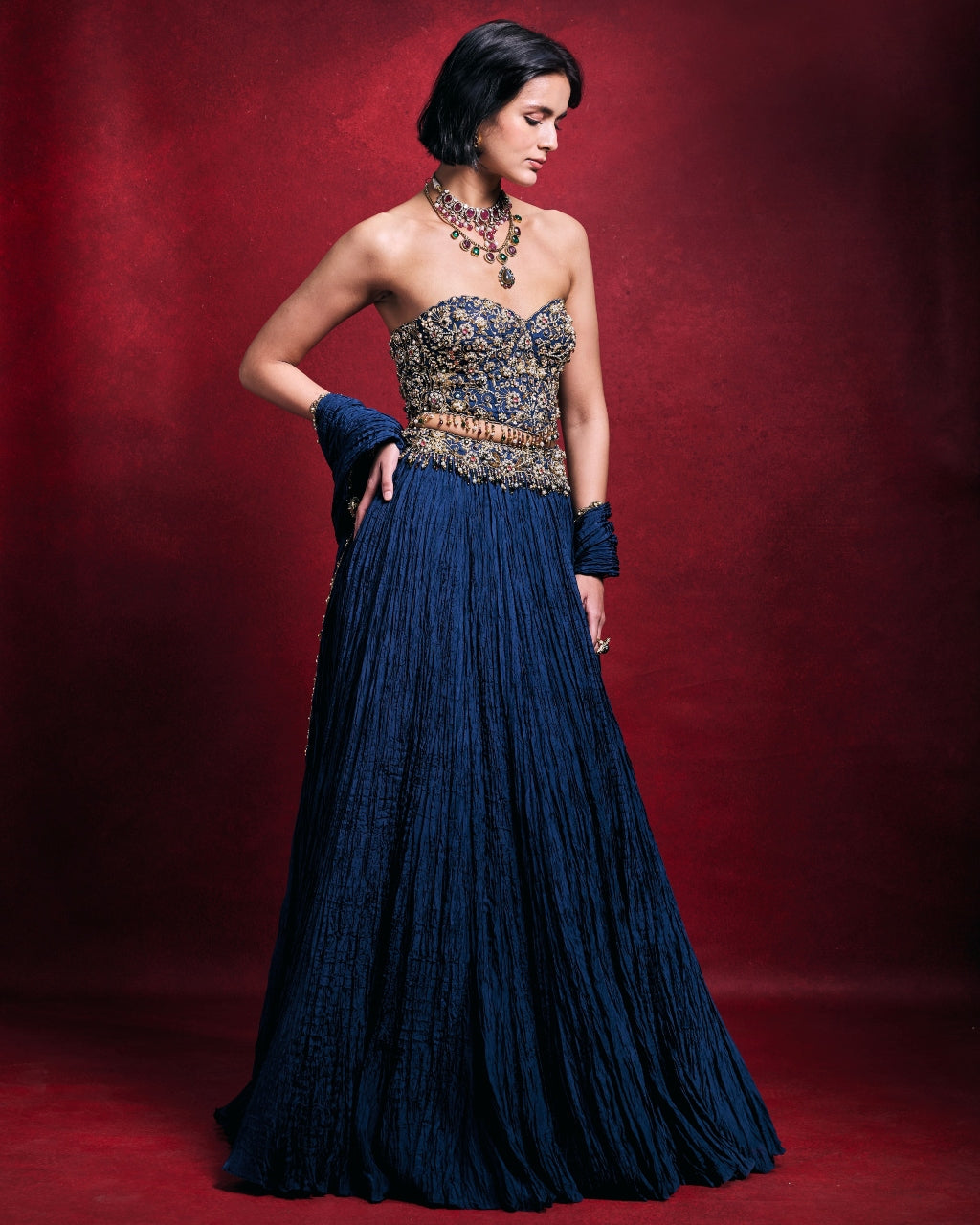 Royal Blue Crushed Lehenga Set
