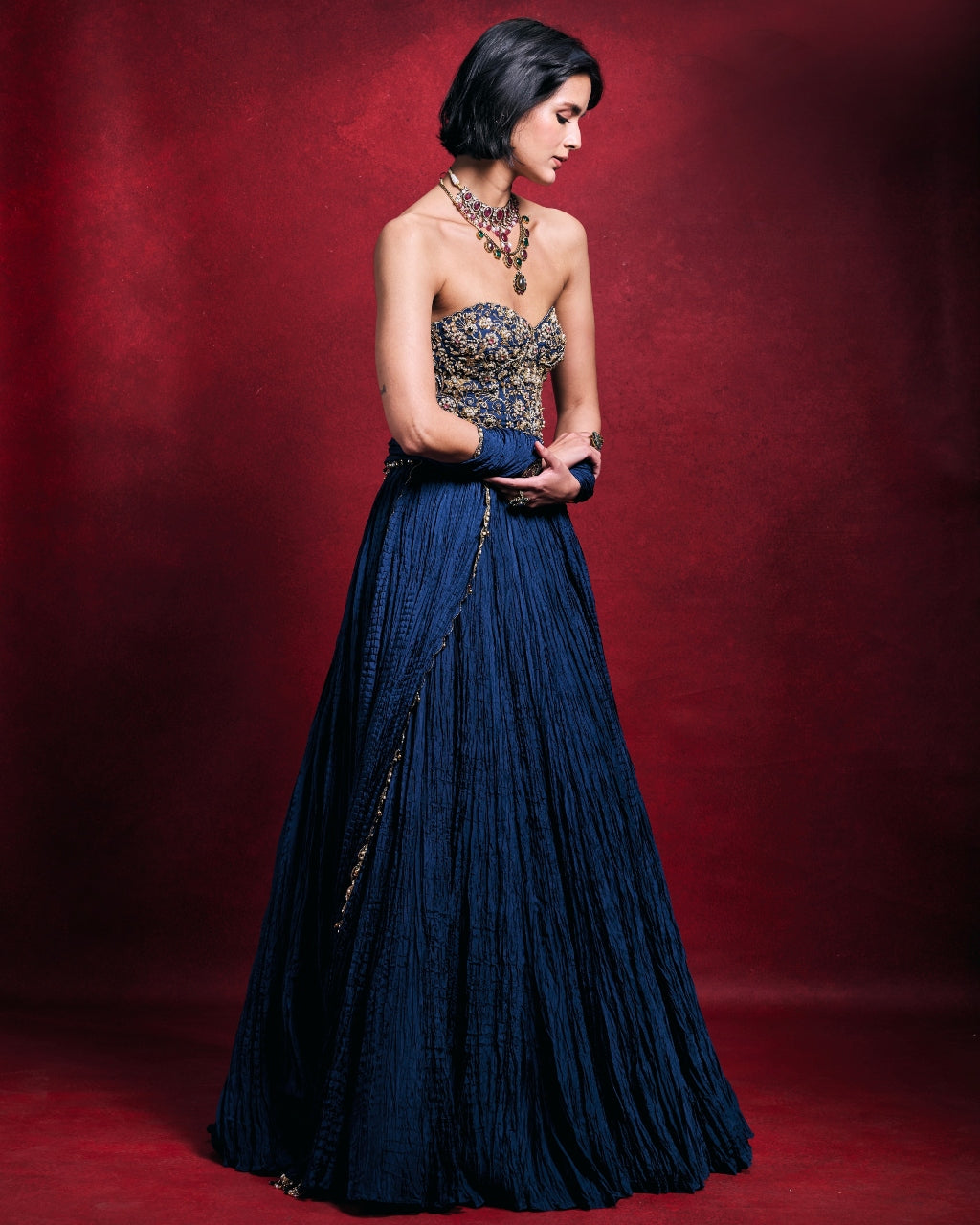 Royal Blue Crushed Lehenga Set