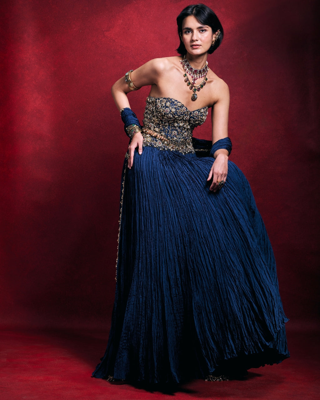 Royal Blue Crushed Lehenga Set