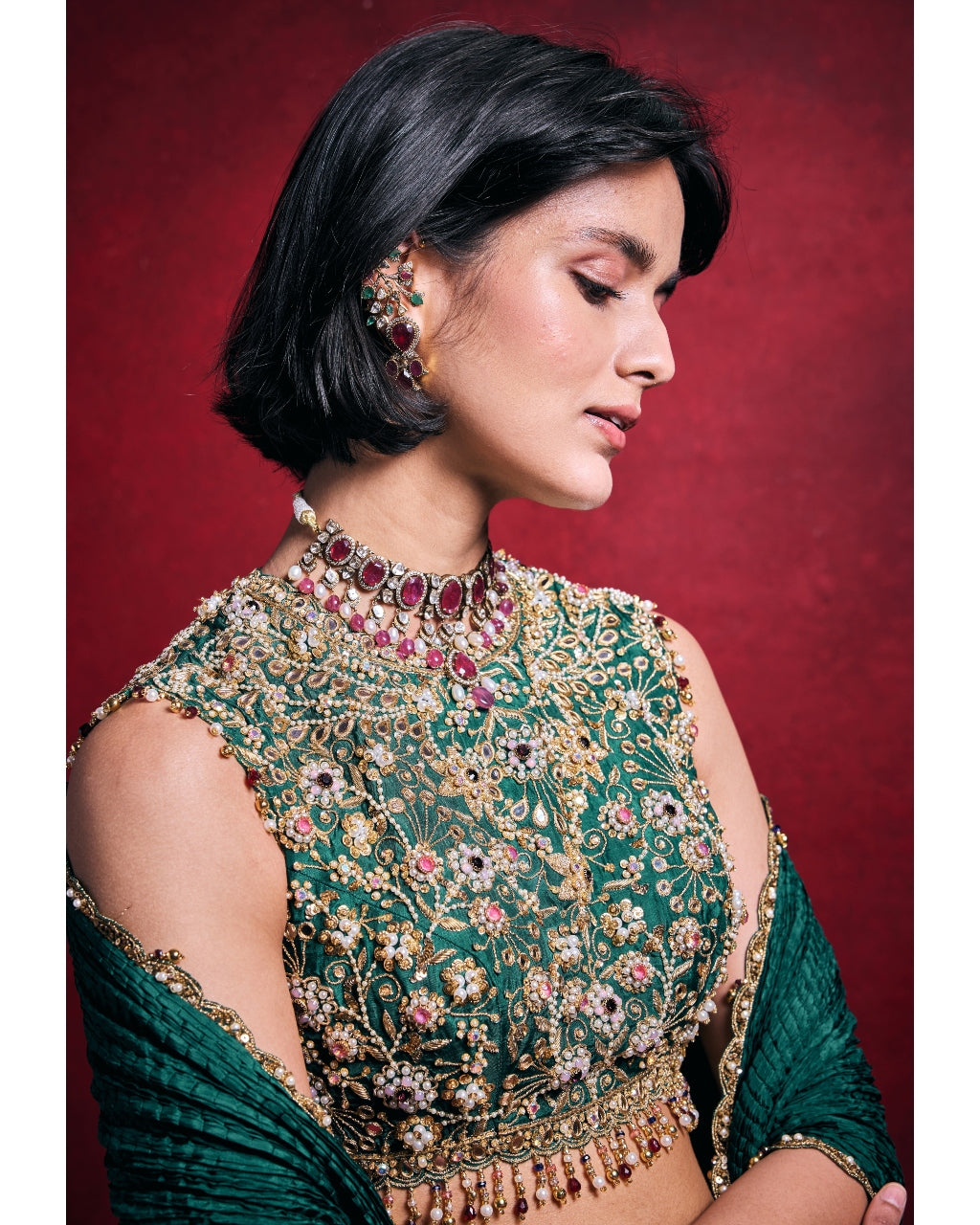 Emerald Green Crushed Lehenga Set