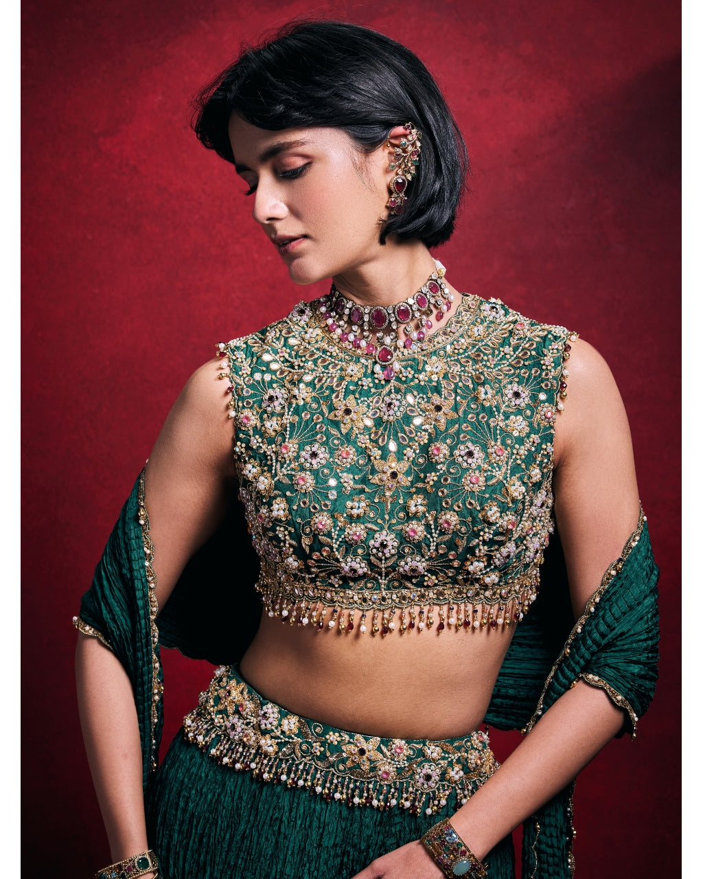 Emerald Green Crushed Lehenga Set
