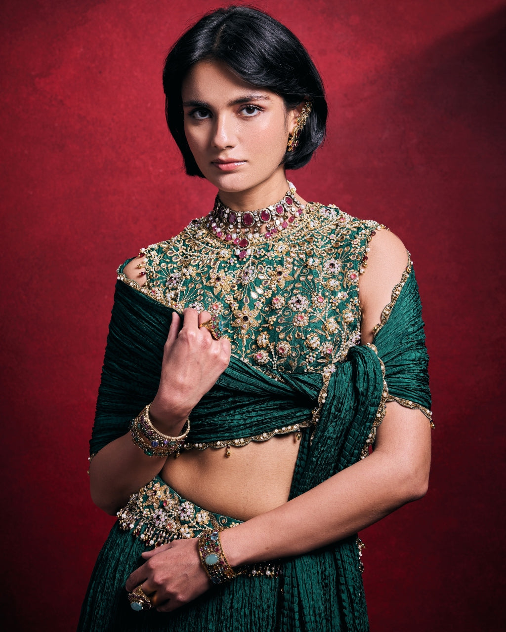 Emerald Green Crushed Lehenga Set