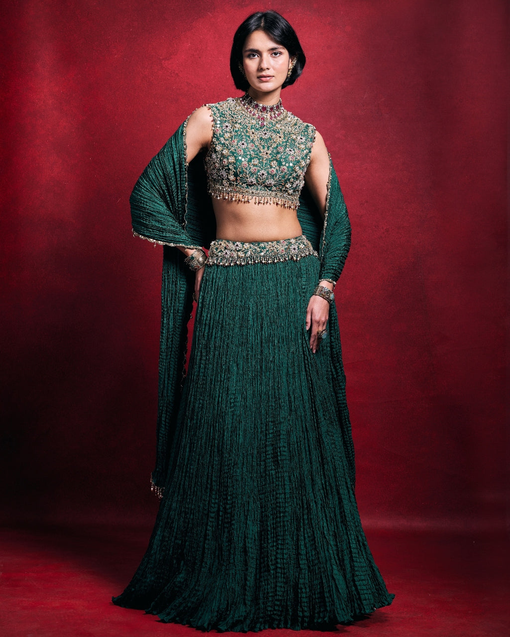 Emerald Green Crushed Lehenga Set