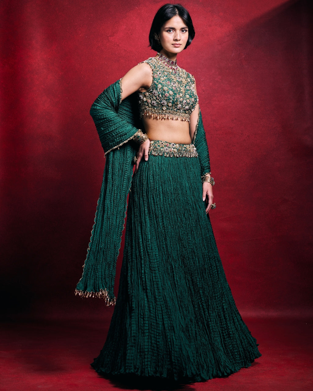 Emerald Green Crushed Lehenga Set