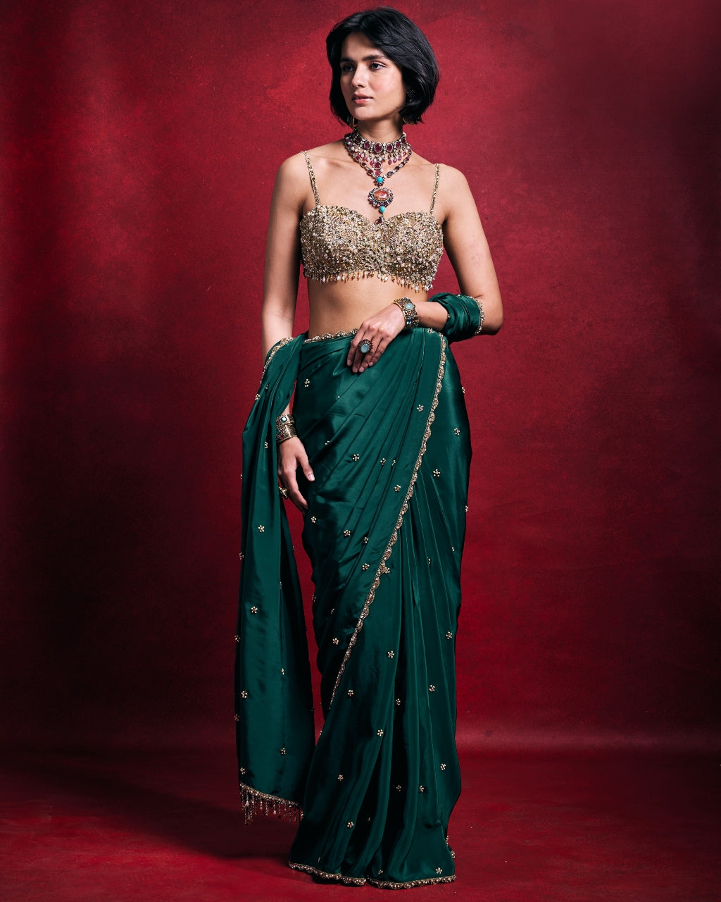 Emerald Green Crepe Sari Set
