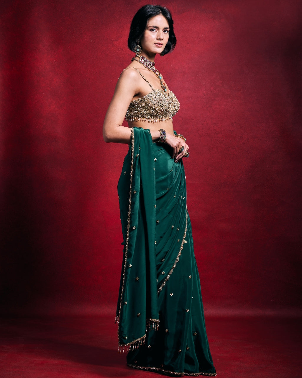 Emerald Green Crepe Sari Set