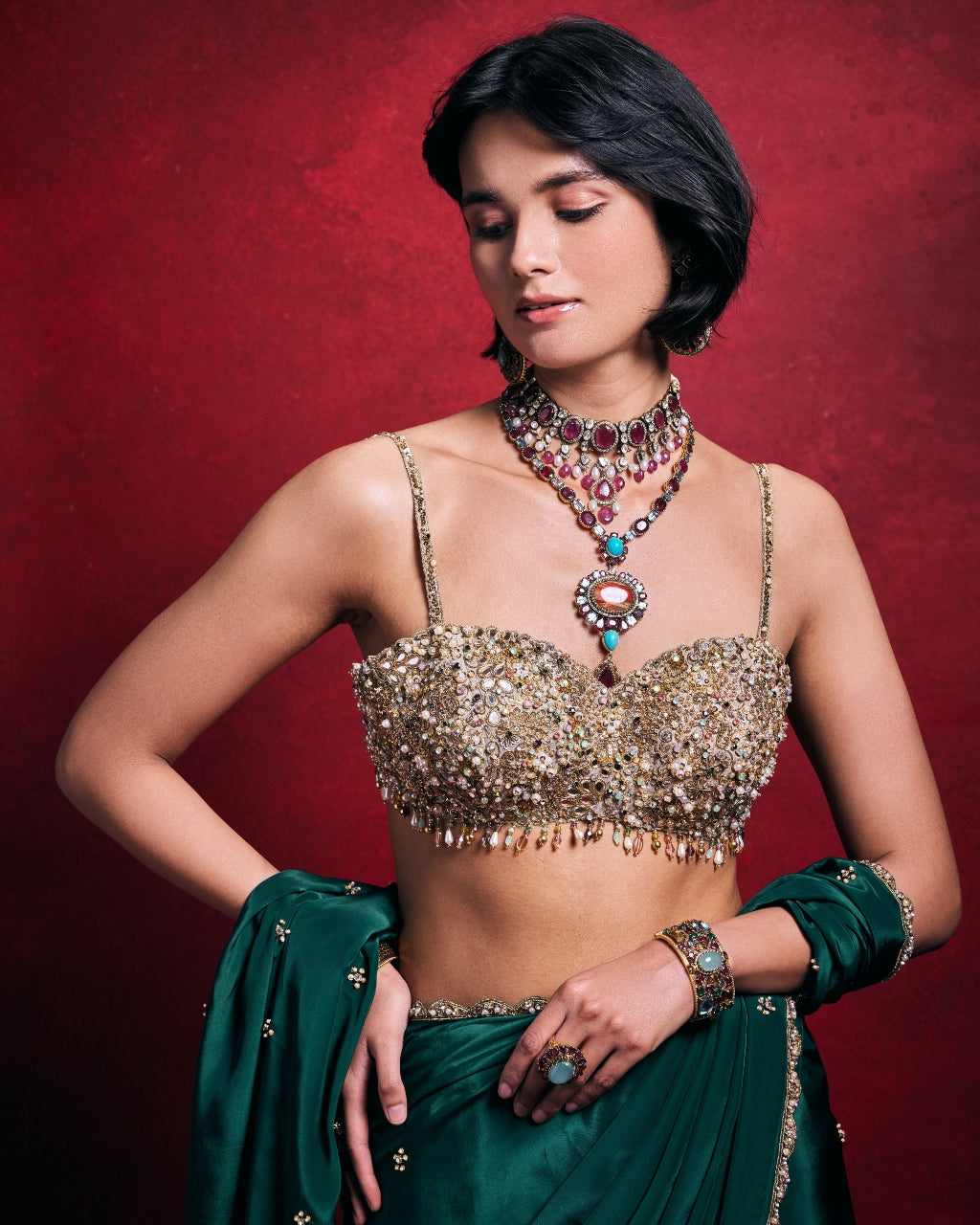 Emerald Green Crepe Sari Set